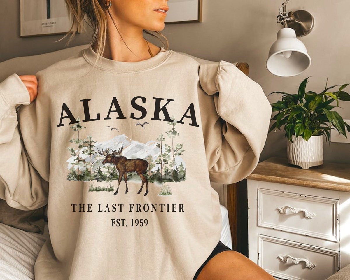 Alaska Moose Sweatshirt Unisex Alaska Crewneck Pullover Shirt Gift Last Frontier Sweatshirt – Cozy Vibes · Perfect For Daily Wear