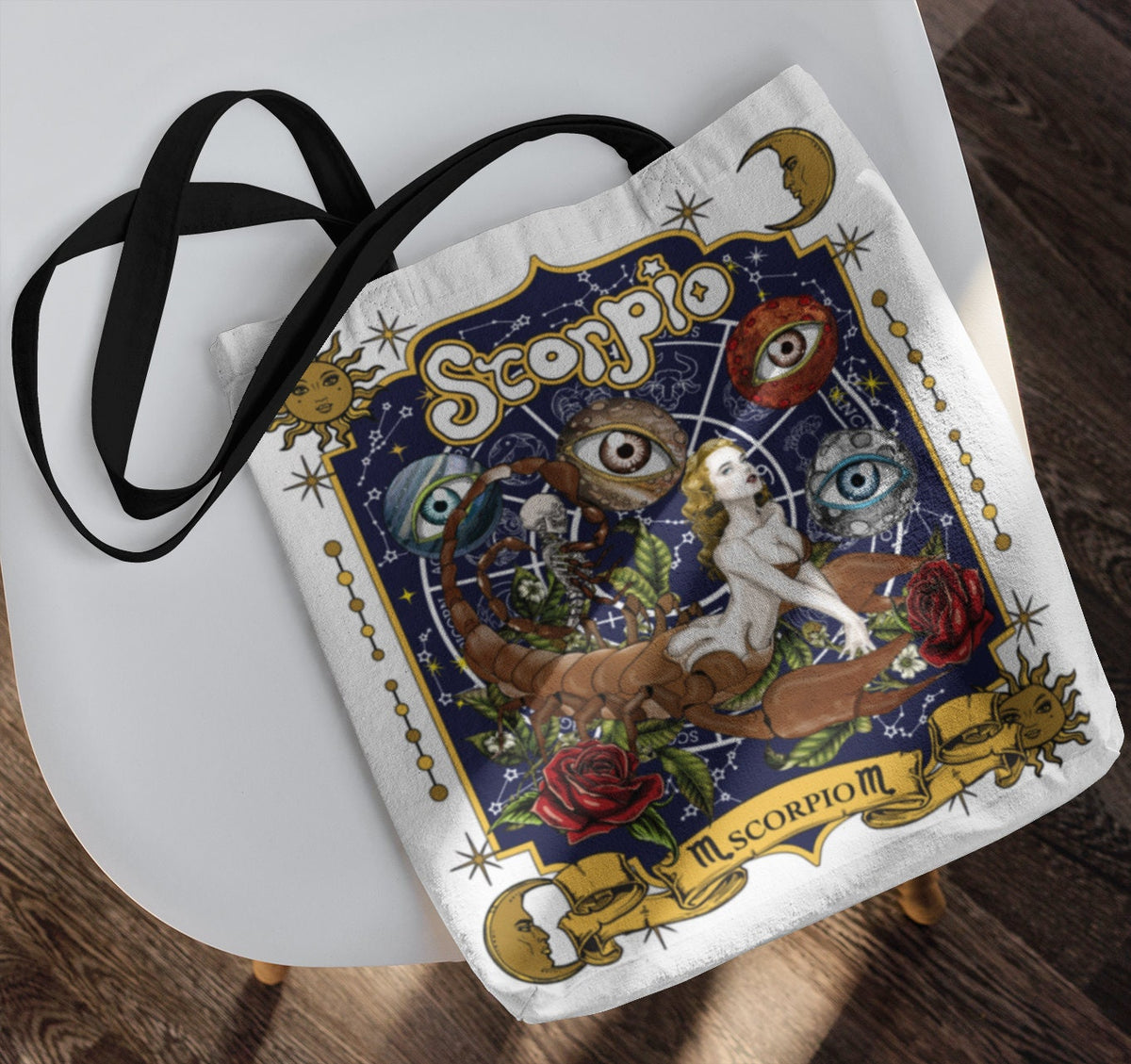 Scorpio Zodiac Tote Birthday Graphic Bday Star Rose Print Moon Eye Goddess Art Aesthetic Handbag Trendy Shoulder Bag Cute Fabric Purse Tote Bag – Easygoing Wear · Great Gift For Fans