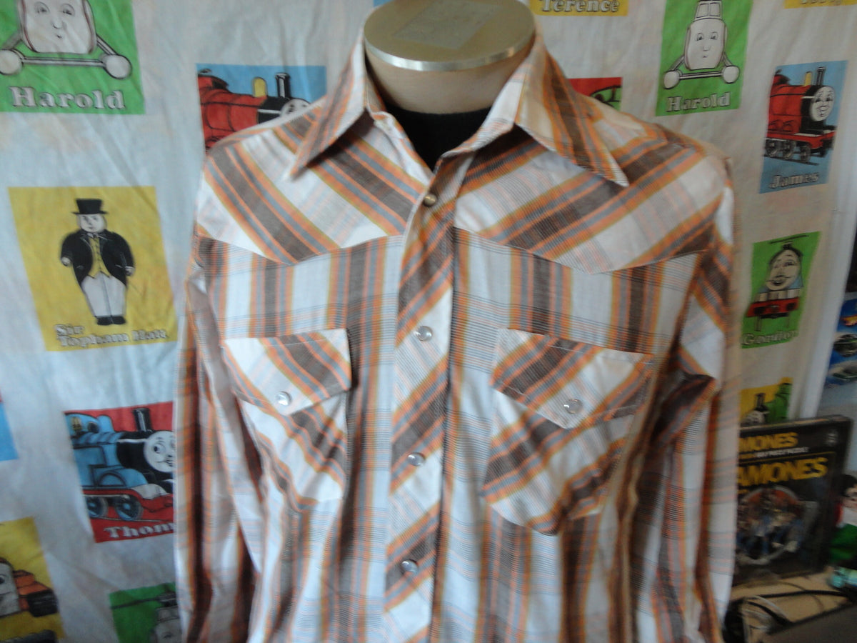 Vintage 8039s Kimtex Brown Blue Orange Plaid Pearl Snap Long Sleeve Western Shirt Size L large Graphic Tee – Premium Graphic · High-Quality Print