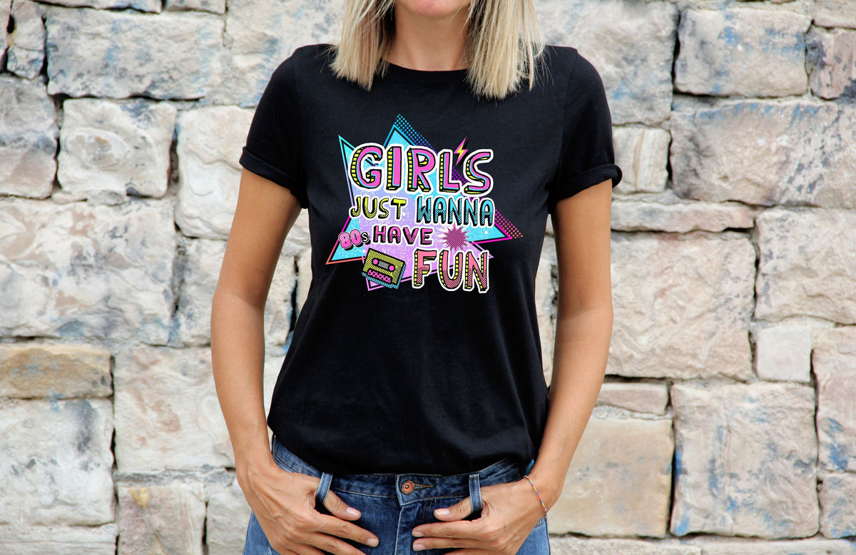 80s Fancy Dress Costume TShirt For Women Retro Girls Just Wanna Have Fun 80s Weekend Party Graphic Tee – Premium Graphic · Perfect For Daily Wear