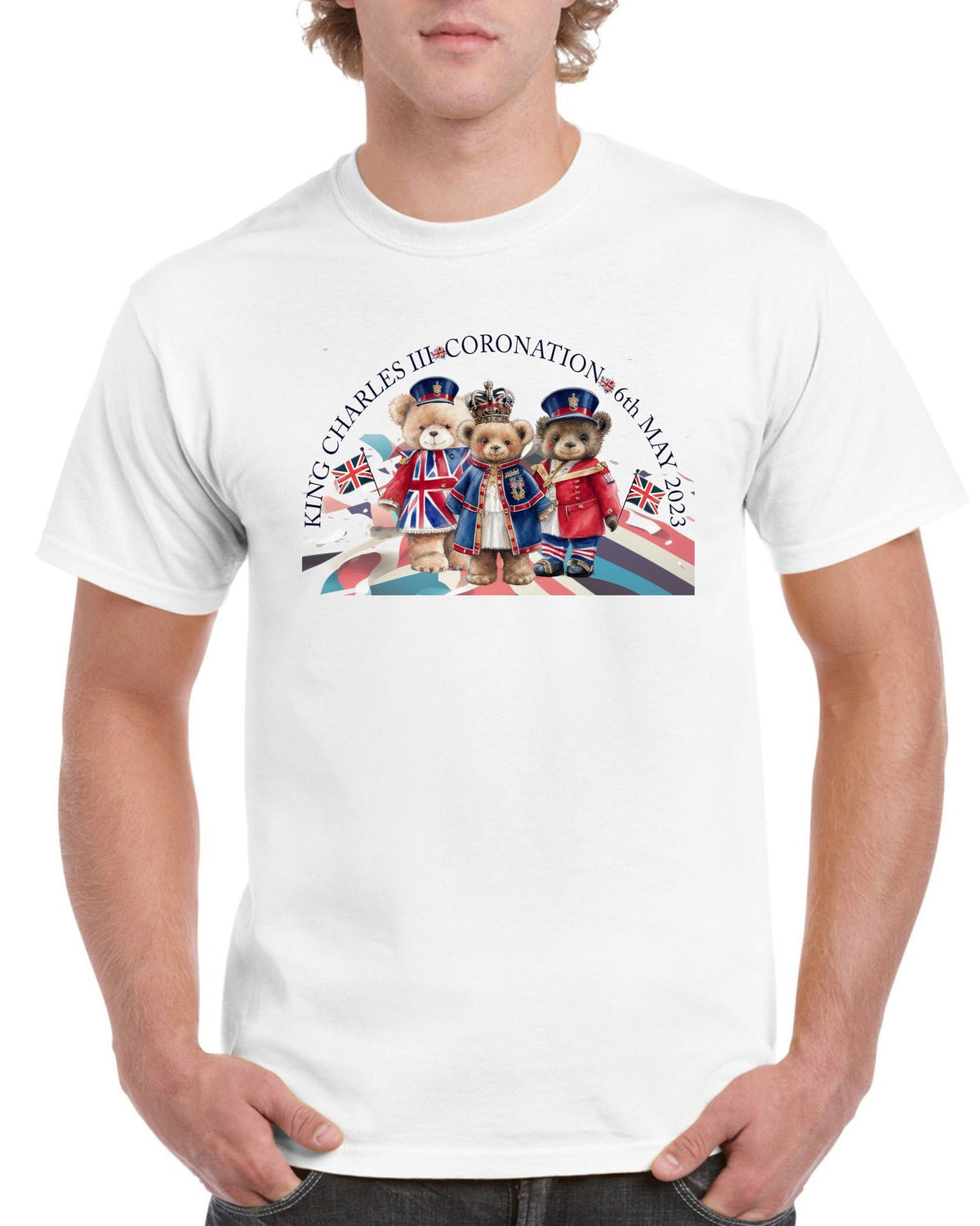 Kings Coronation Party Mens T Shirt Union Jack Tower Bridge London Eye 3 Teddy Bears King Charles III Royal Family Crown Graphic Tee – Premium Graphic · Perfect For Daily Wear