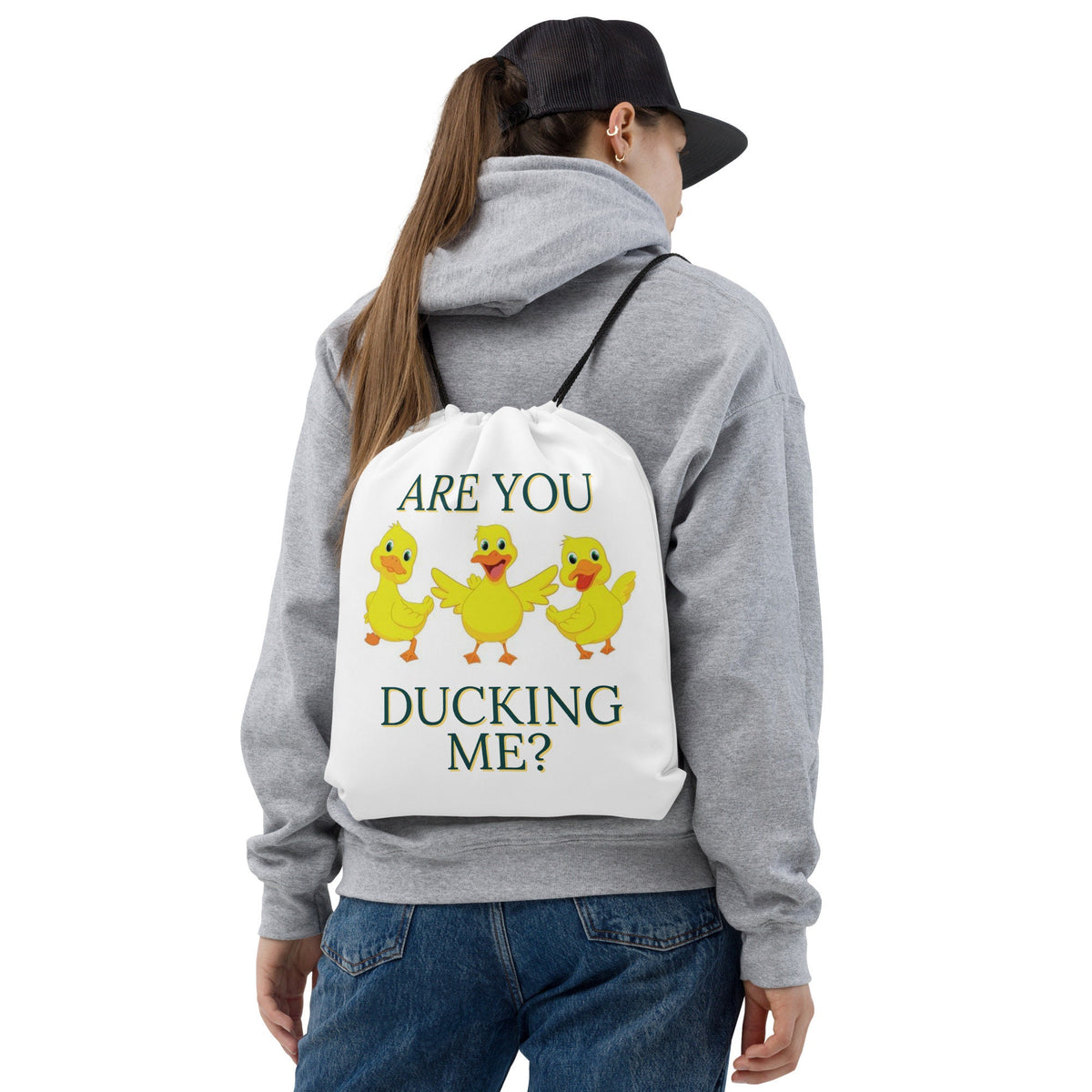 Are you DUCKING ME Drawstring bag Hold up to 35lbs Tote Bag – Warm & Stylish · Trending Graphic Apparel