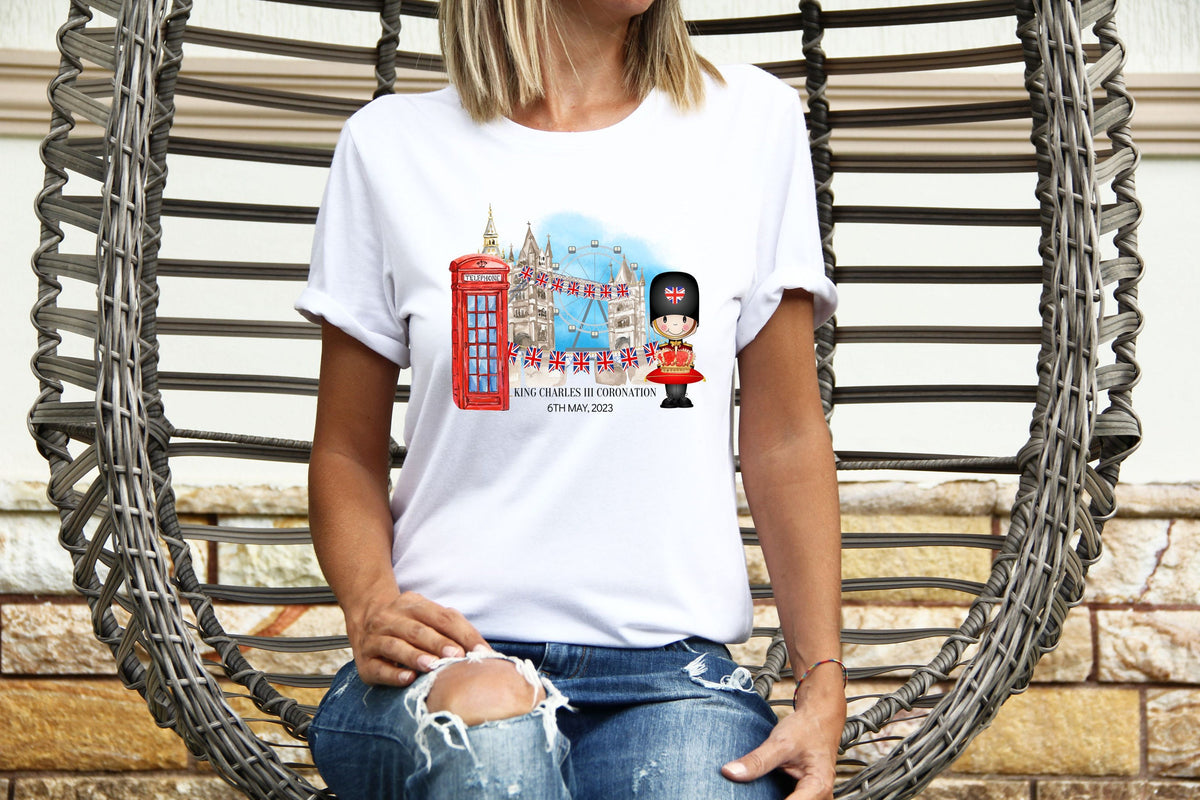 Kings Coronation Party Womens T Shirt Union Jack Tower Bridge London Eye King Charles III Royal Family Crown Graphic Tee – Soft Feel · Top Pick For Any Outfit