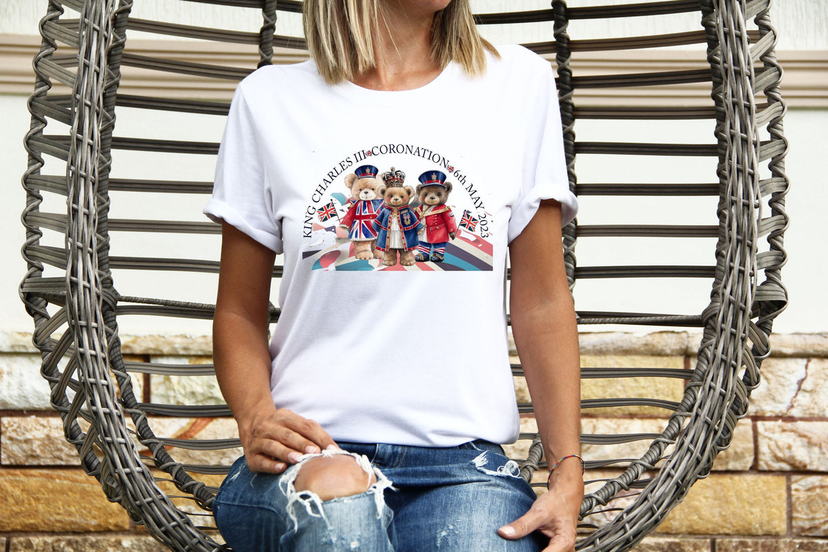 Kings Coronation Party Womens T Shirt Union Jack Tower Bridge London Eye 3 Teddy Bears King Charles III Royal Family Crown Graphic Tee – Feel-Good Design · Perfect For Daily Wear