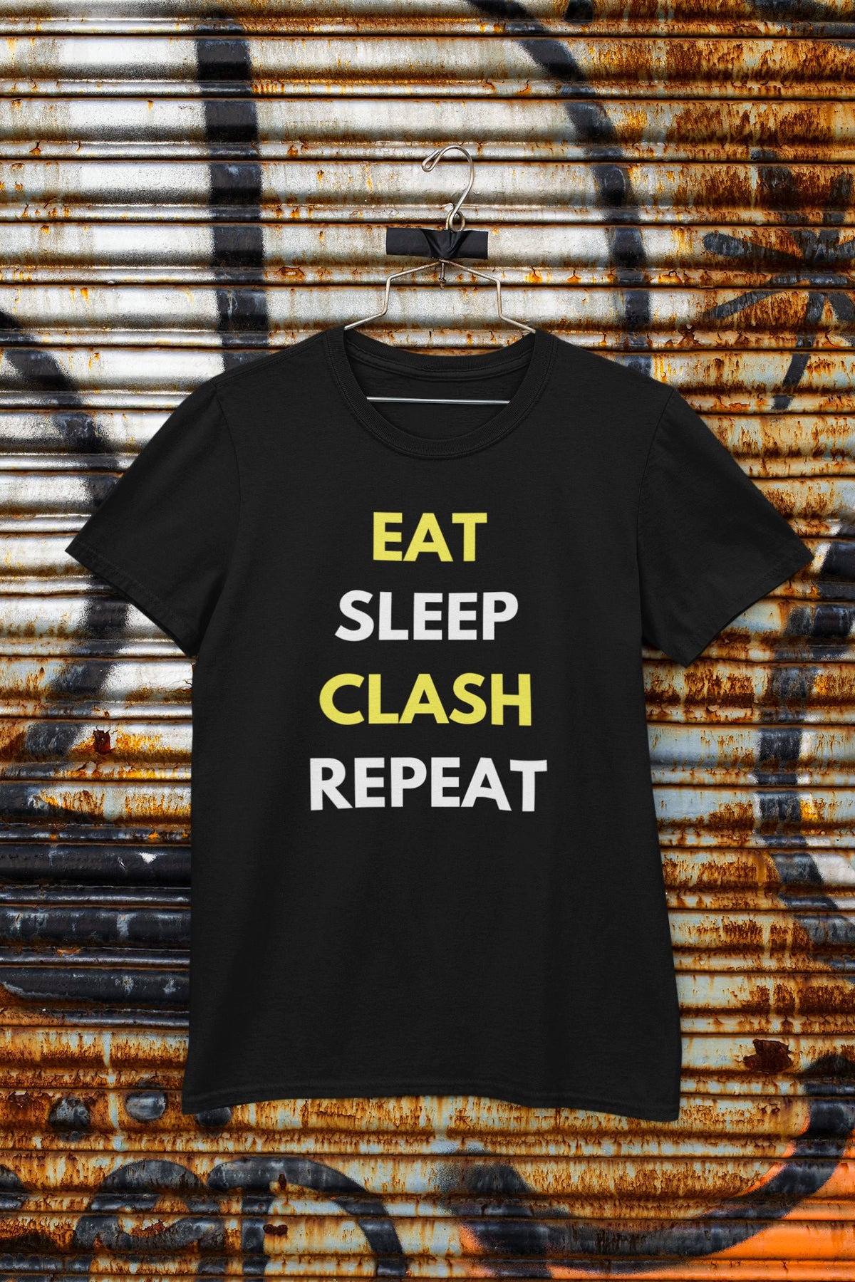 Clash of Clans Eat Sleep Clash Repeat T Shirt Gaming T Shirt Black Unisex T Shirt Perfect Gift for Gamers and Clash of Clans Fans Graphic Tee – Easygoing Wear · Perfect For Daily Wear