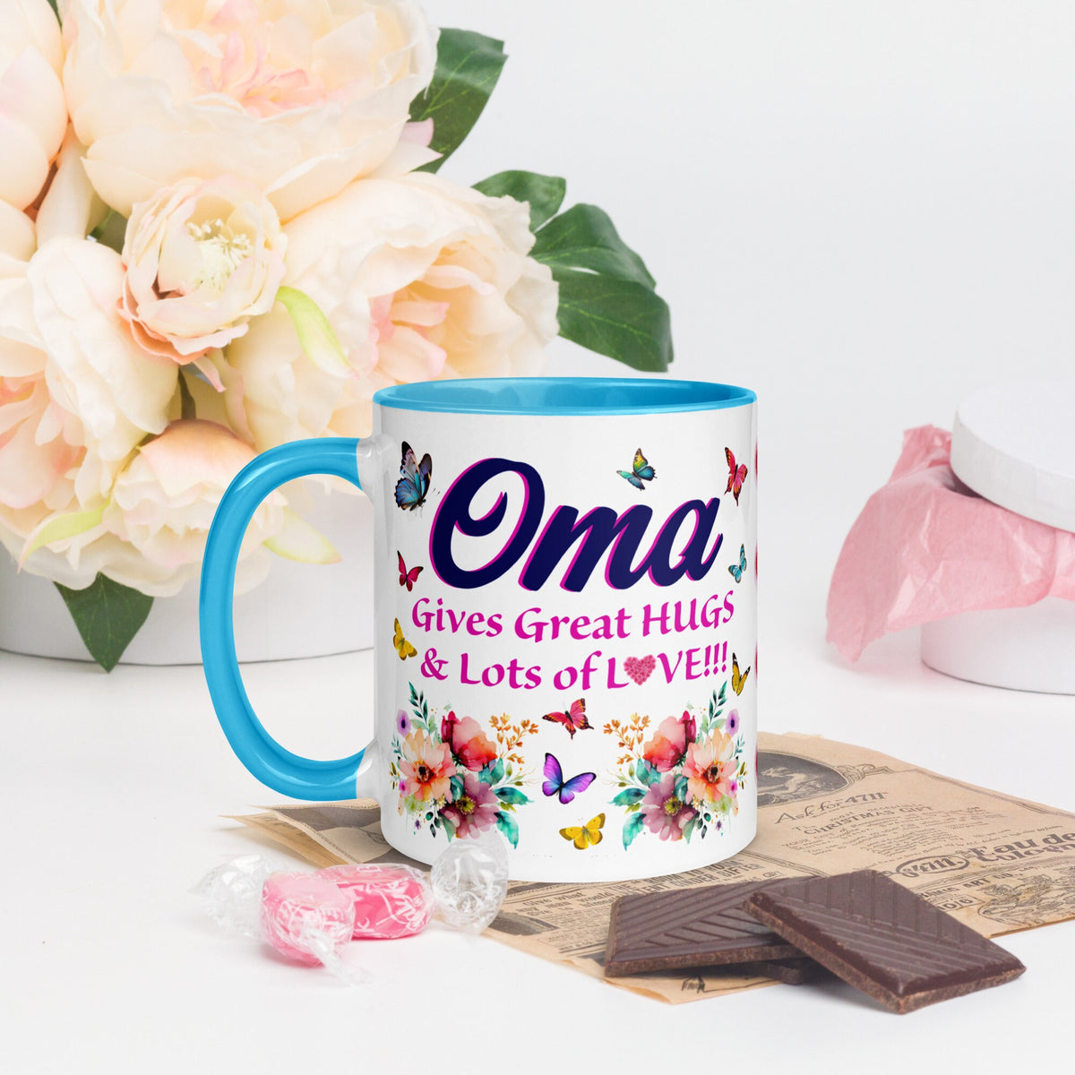 Oma Gives Great HUGS Lots of LOVE Colorblock Ceramic Mug 6 colors 11 oz Graphic Tee – Cozy Vibes · High-Quality Print