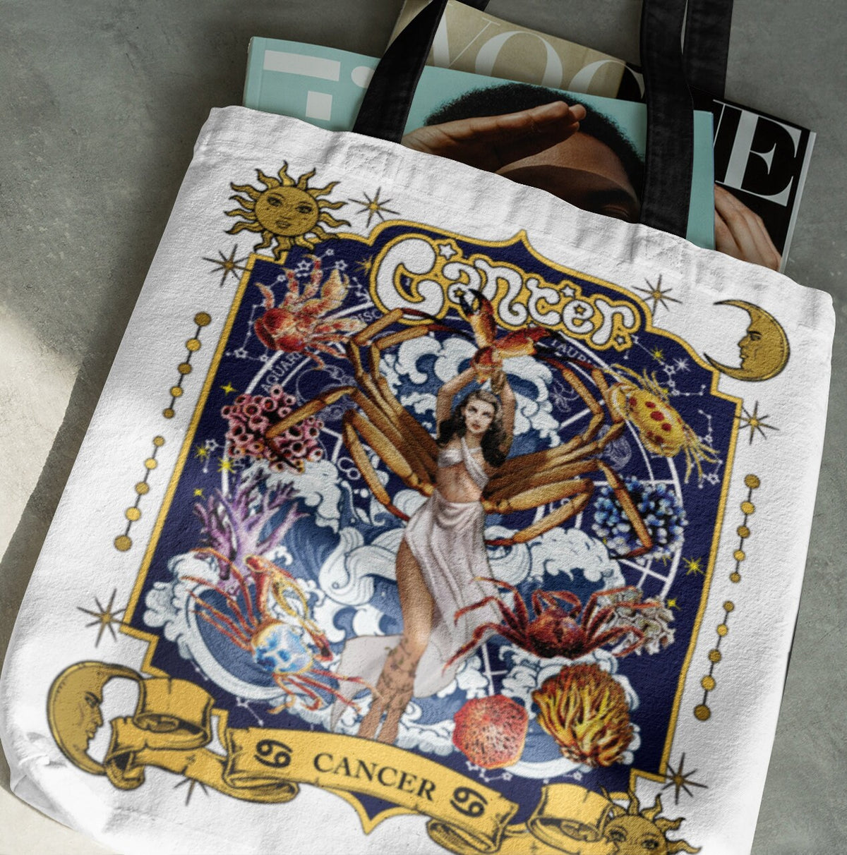 Cancer Zodiac Tote Birthday Graphic Bday Sea Crab Print Tarot Star Sign Gift Colorful Handbag Trendy Shoulder Bag Boho Hippie Purse Tote Bag – Everyday Comfort · High-Quality Print