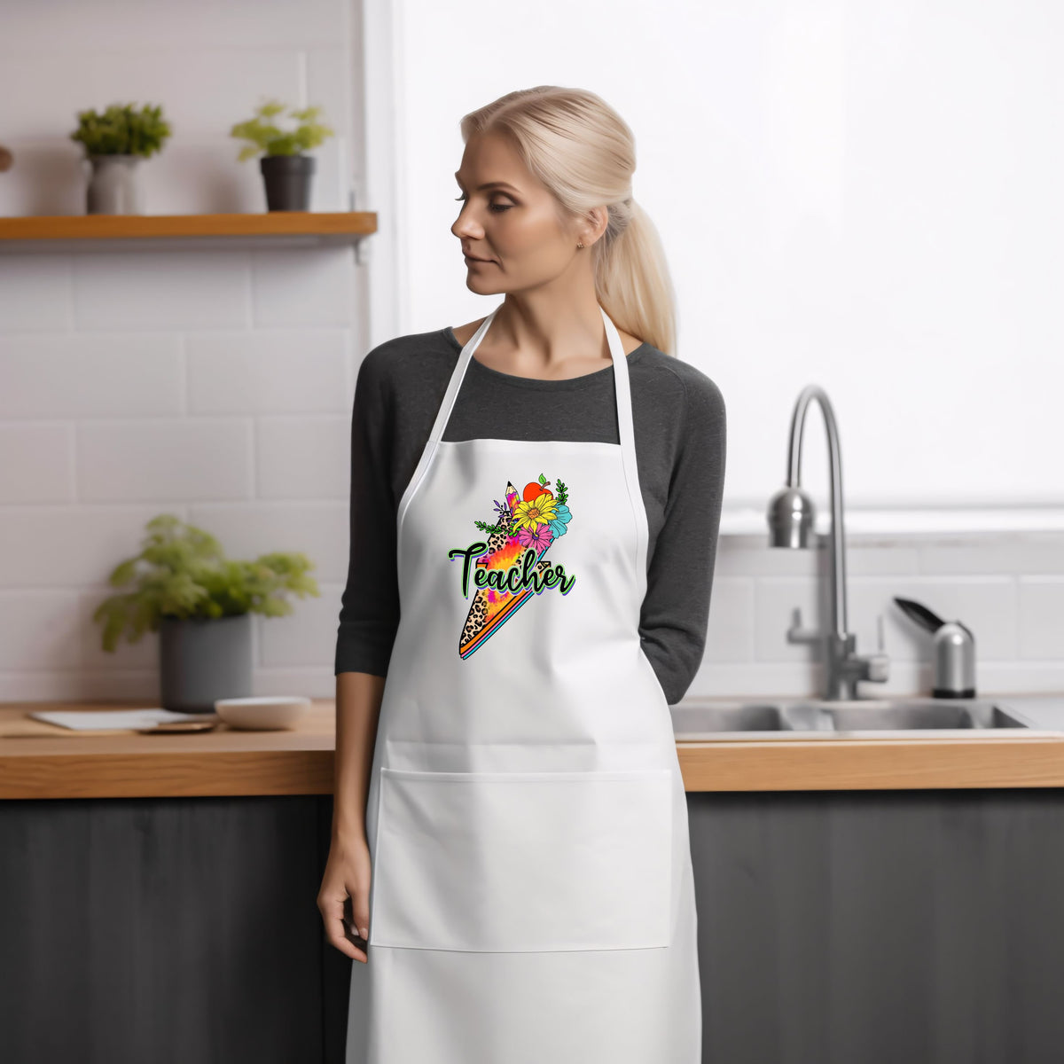 Baking Apron Teacher Appreciation Gifts For Men Or Women Cooking Apron Leaving School Gift School Teacher With Pencil Flowers Graphic Tee – Premium Graphic · Perfect For Daily Wear