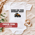 Pregnancy Reveal Farming Baby Announcement Tractor Baby Bodysuit Farming Shower Gift Dibs On The Buddy Seat Baby Bodysuit Graphic Tee – Aesthetic Look · High-Quality Print