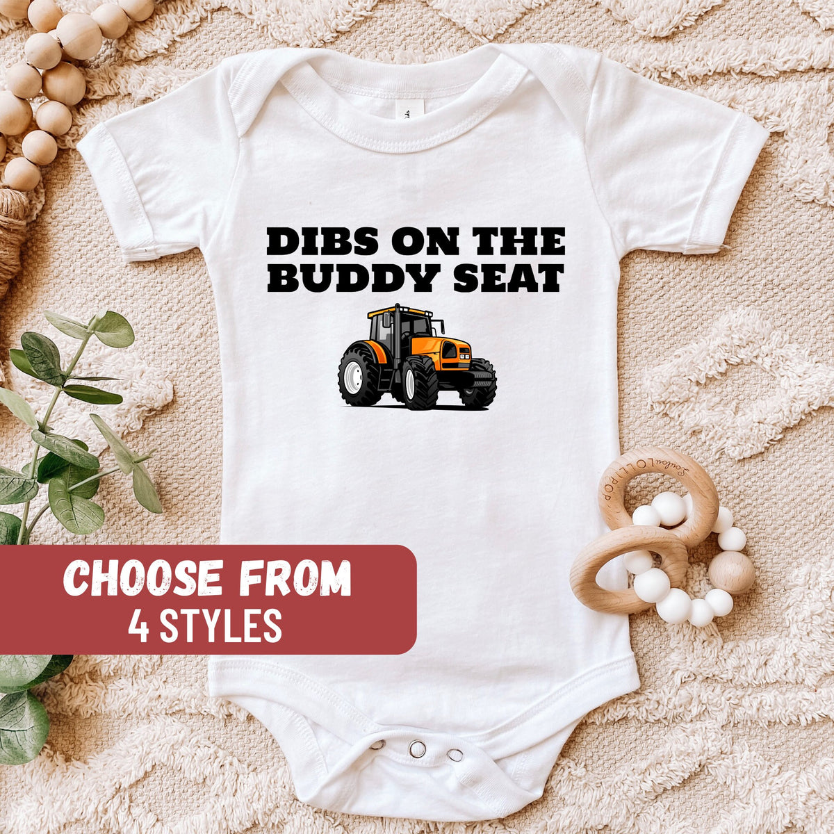 Pregnancy Reveal Farming Baby Announcement Tractor Baby Bodysuit Farming Shower Gift Dibs On The Buddy Seat Baby Bodysuit Graphic Tee – Aesthetic Look · High-Quality Print