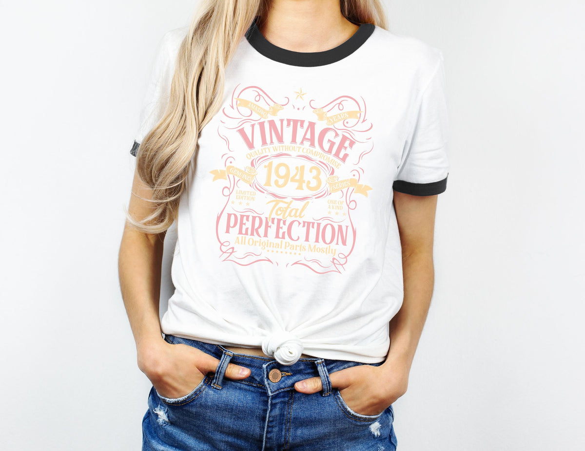 81st Birthday Gift Ringer TShirt Womens Gifts Funny Vintage Year 1943 Total Perfection 80 Years Old TShirt Graphic Tee – Premium Graphic · Top Pick For Any Outfit