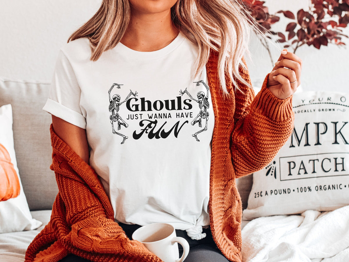 Fun Halloween Skeleton Tshirt Ghouls Just Wanna Have Fun Cute Womens Tshirt for Halloween Fall Shirts for Her Autumn Tee Graphic Tee – Warm & Stylish · Must-Have Style
