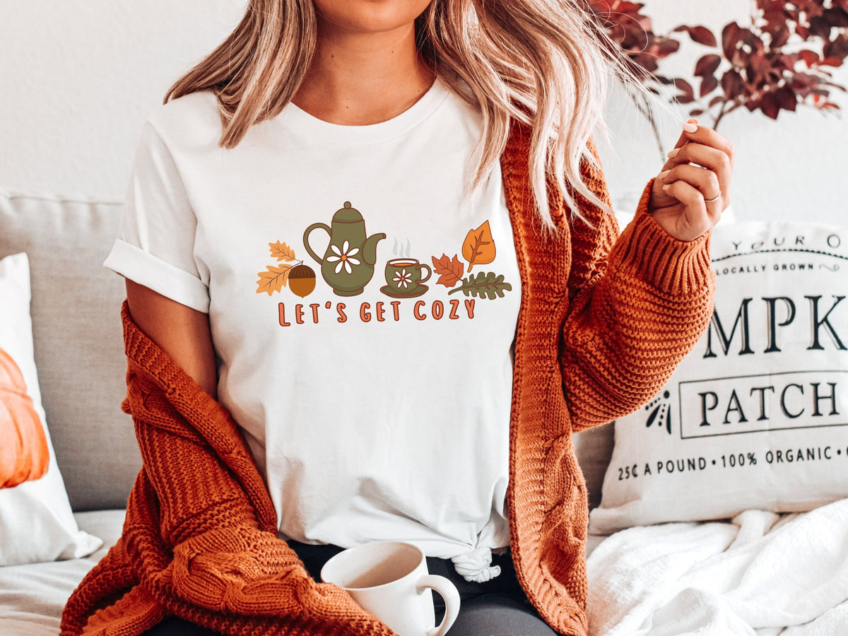 Cute Fall Tshirt Lets Get Cozy Womens Tshirt for Halloween Fall Shirts for Her Funny Autumn Tee Womens Cozy Tea Tshirt Shirt for Autumn Graphic Tee – Everyday Comfort · Trending Graphic Apparel