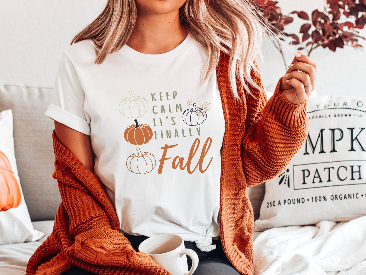 Cute Fall Tshirt Keep Calm its Finally Fall Womens Tshirt for Autumn Halloween Fall Shirt for Her Funny Autumn Tee Womens Cozy Unisex Tee Graphic Tee – Easygoing Wear · Top Pick For Any Outfit