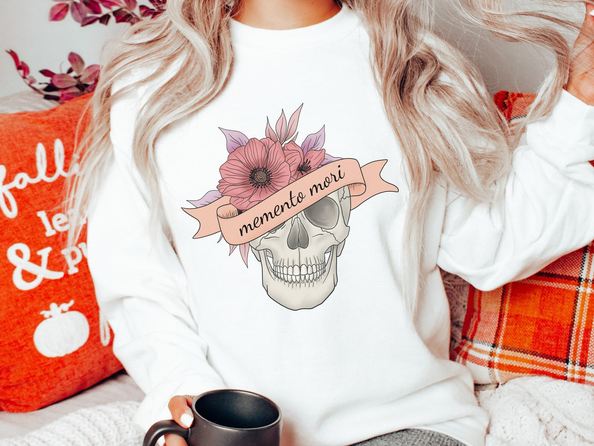 Floral Skeleton Memento Mori Flower Skull Fall Sweatshirt for Halloween Creepy Vibes Gift for Spooky Season Flower Skull Pullover for Women Sweatshirt – Everyday Comfort · Perfect For Daily Wear