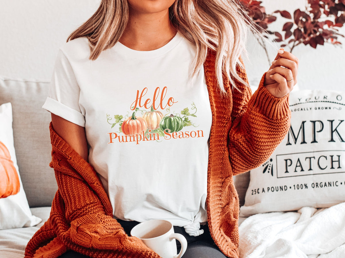 Cute Fall Tshirt Hello Pumpkin Season Cute Womens Tshirt for Halloween Fall Shirts for Her Funny Autumn Tee Womens Pumpkin Shirts Unisex Graphic Tee – Fan Favorite · Must-Have Style