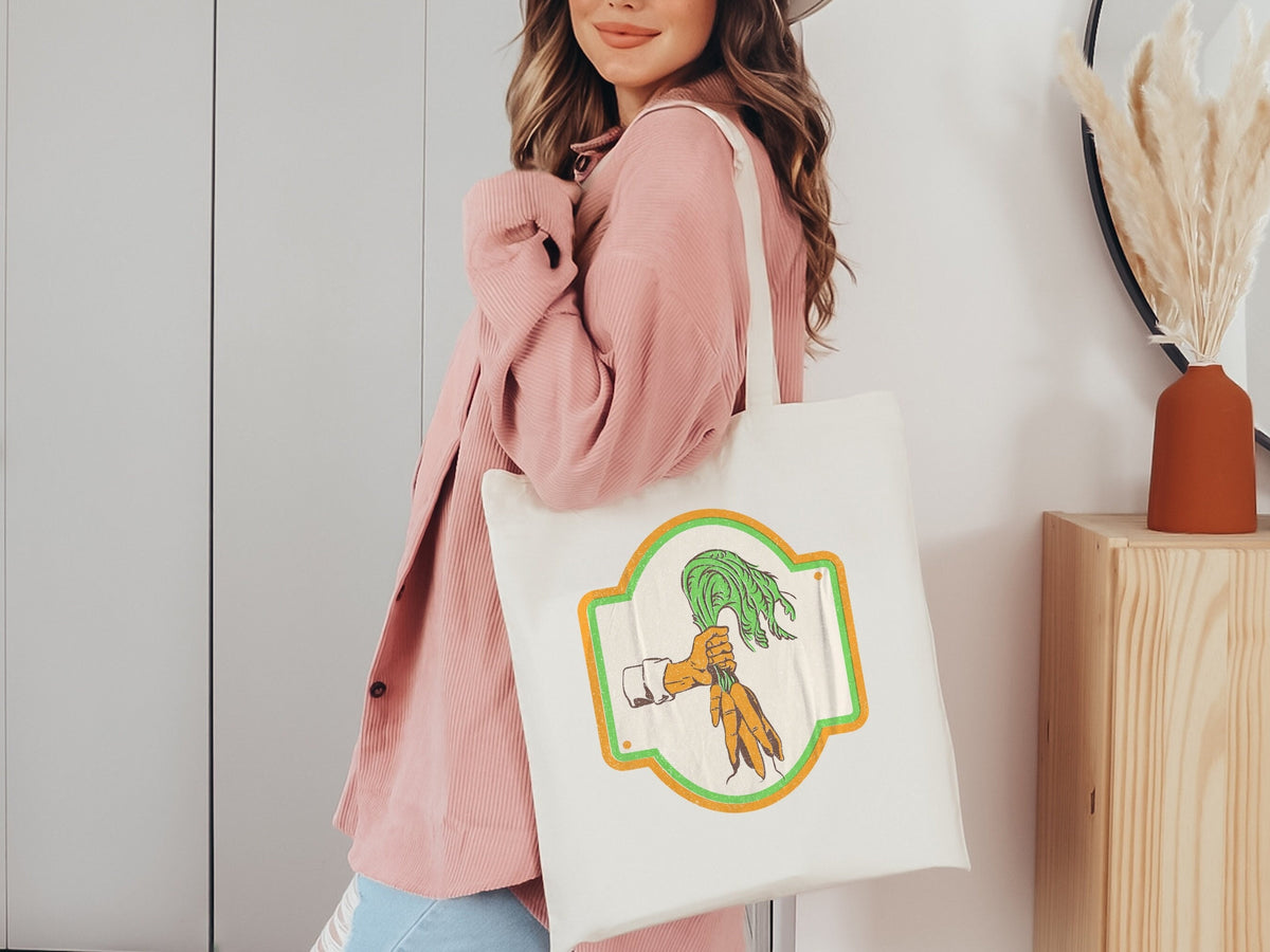 Cute Carrot Retro Print Distressed Style Farmers Market Cotton Canvas Tote Bag Produce Shopping Bag Veggie Print Market Tote Gift for Her Tote Bag – Soft Feel · Trending Graphic Apparel