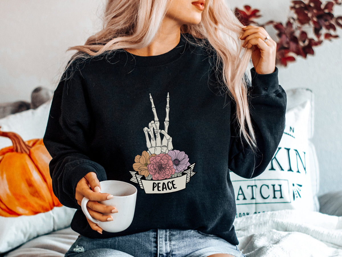 Cute Skeleton Hand Peace Sign Floral Fall Sweatshirt for Halloween Gift for Spooky Season Flower Skeleton Pullover for Women Spooky Vibes Sweatshirt – Premium Graphic · High-Quality Print