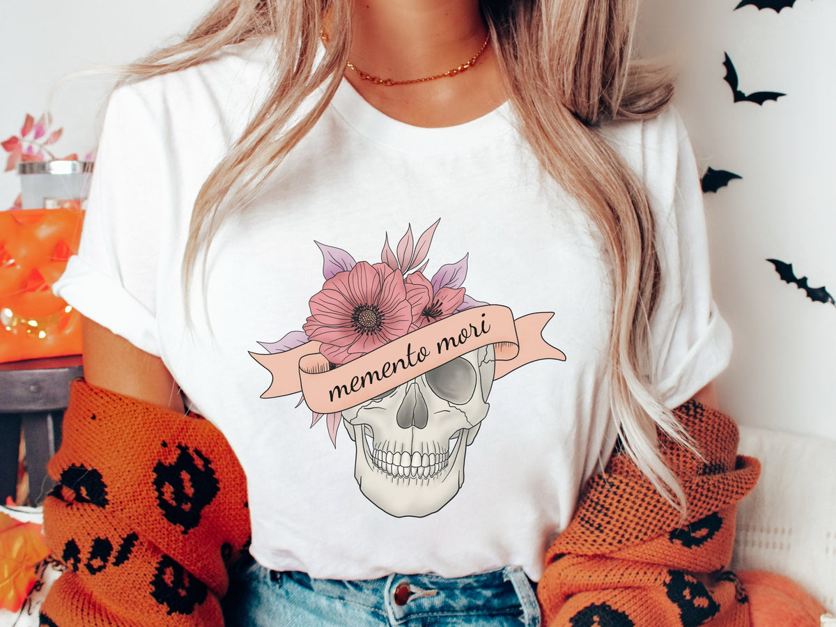 Floral Skeleton Skull Memento Mori Halloween T Shirt for Women Womens Fun Spooky Season Pretty Fall Halloween Skeleton Shirt Gift for Her Graphic Tee – Warm & Stylish · Great Gift For Fans