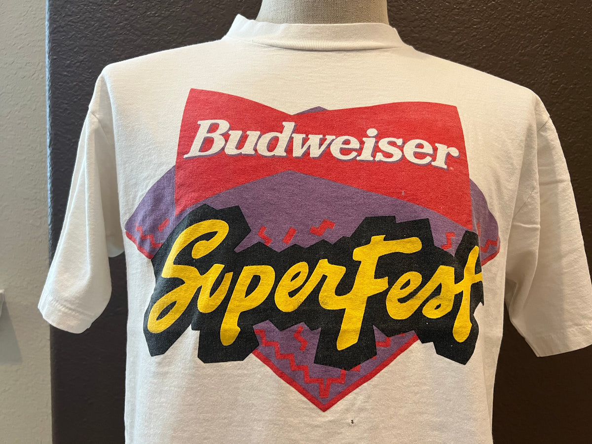 Vintage 9039s Budweiser SuperFest Beer White T Shirt Size L Graphic Tee – Bold Style · High-Quality Print