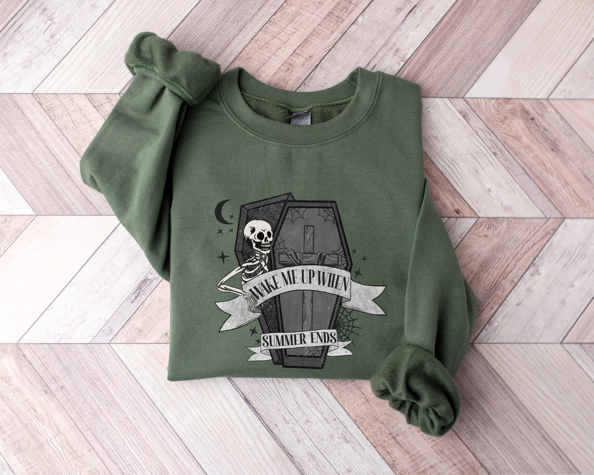 Wake Me Up Summer Ends SweatshirtSummer Halloween ShirtHalloween Lovers ShirtHalloween Funny ShirtSpooky Season ShirtSkeleton Shirt Sweatshirt – Soft Feel · High-Quality Print