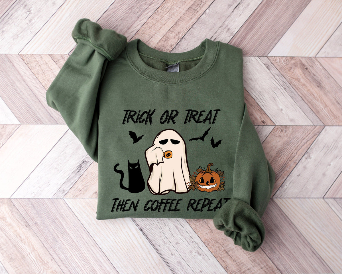 Halloween Trick or Treat Shirt Halloween TrickOrTreat Halloween Coffee Shirt Funny Halloween Shirt Coffee Halloween Sweatshirt Sweatshirt – Soft Feel · Trending Graphic Apparel
