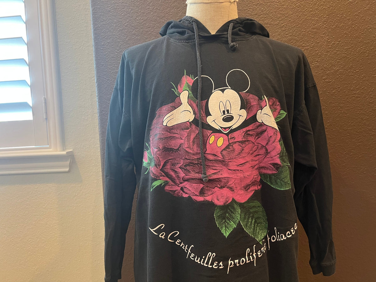 Vintage 9039s French Flower Mickey Mouse Disney Black Hooded Long sleeve Shirt Size L Graphic Tee – Feel-Good Design · Trending Graphic Apparel