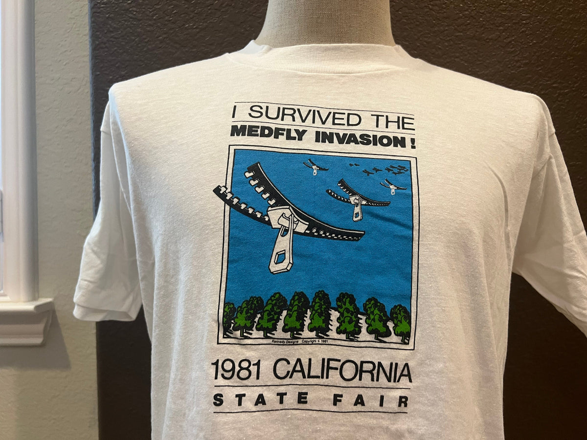 Vintage 8039s 1981 Medfly Invasion California State Fair White T Shirt Size L Graphic Tee – Feel-Good Design · Top Pick For Any Outfit
