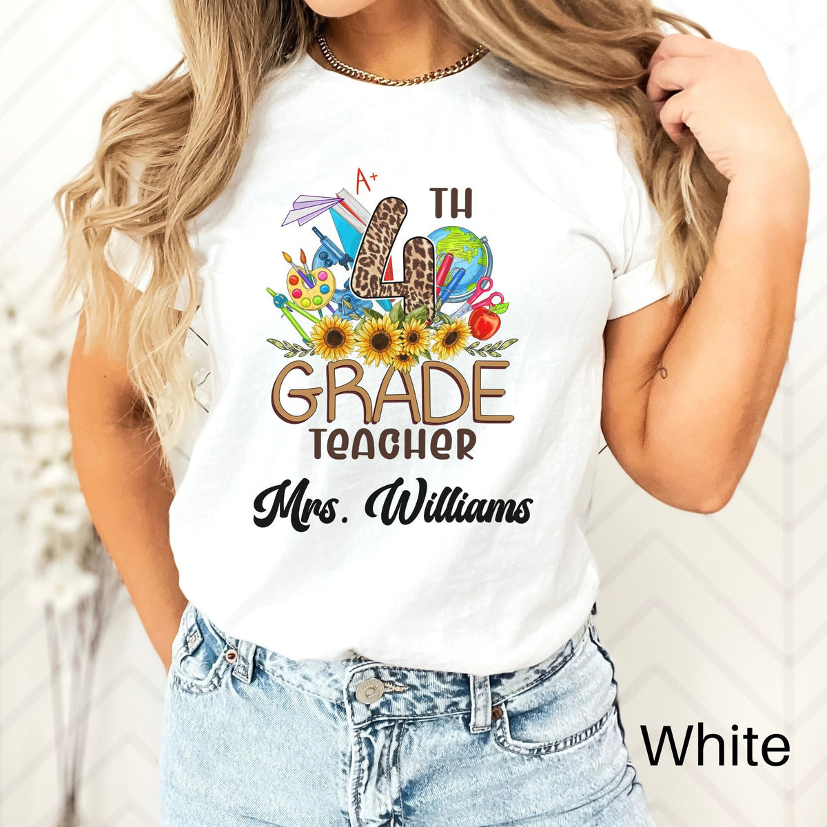 Leopard Custom Teacher Shirt 4th Grade Teacher Team Shirt Personalized School Gift Customized Name Teacher Tee Fourth Grade Graphic Tee – Premium Graphic · Top Pick For Any Outfit