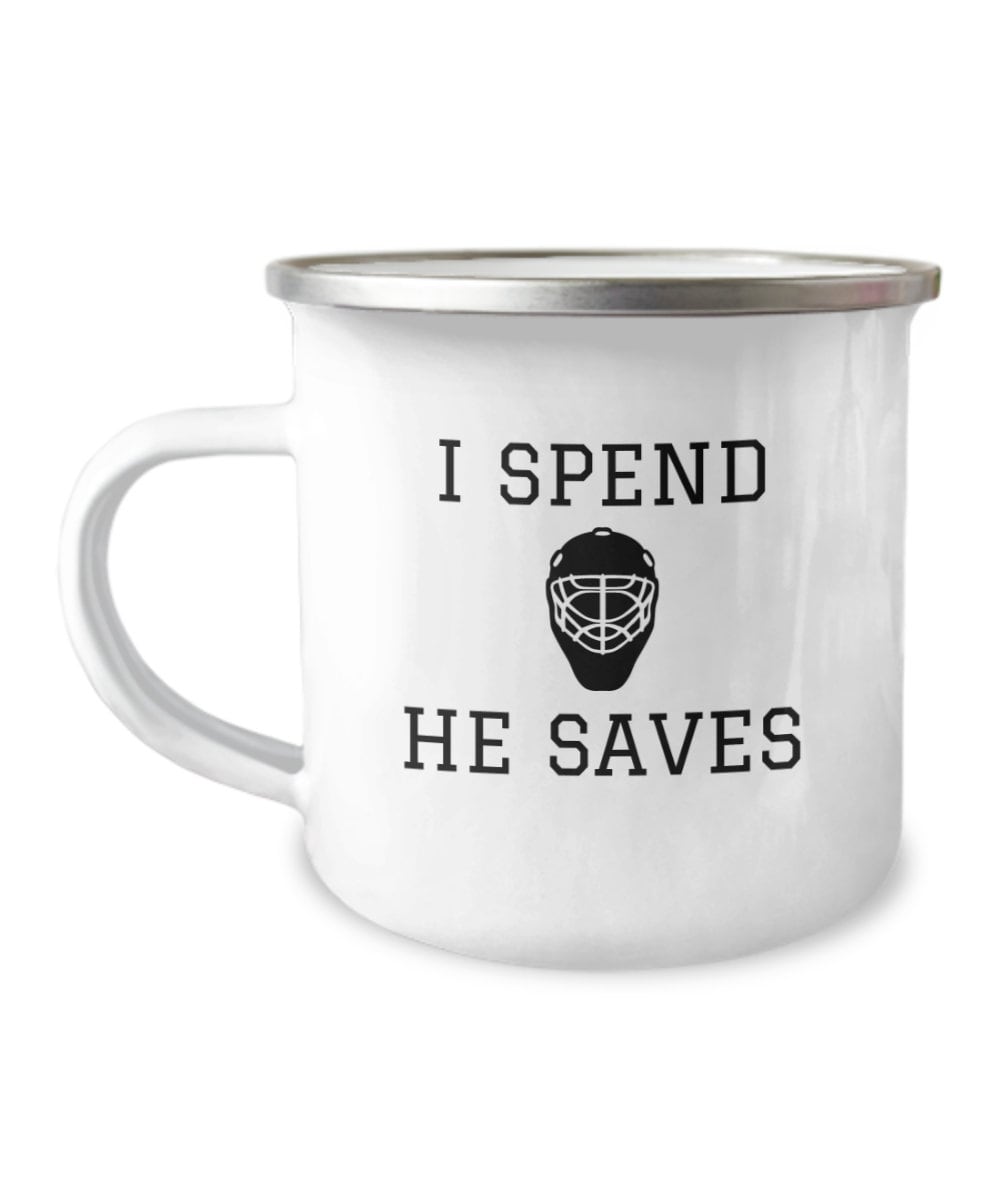 Funny Hockey Mom Mug Goalie Mom Gift I Spend He Saves Hockey Dad Goalie Dad Mother39s Day Mother39s Birthday Enamel Camping Mug Graphic Tee – Easygoing Wear · Perfect For Daily Wear