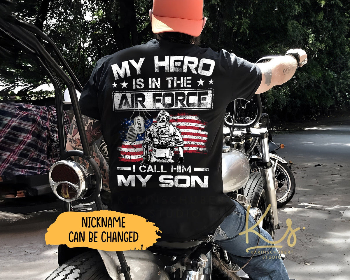 My Hero Is In The Air Force I Call Him My Son USAF Military Family Matching Shirts Custom Air Force Family Shirts Proud US Air Force Mom Graphic Tee – Cozy Vibes · Perfect For Daily Wear