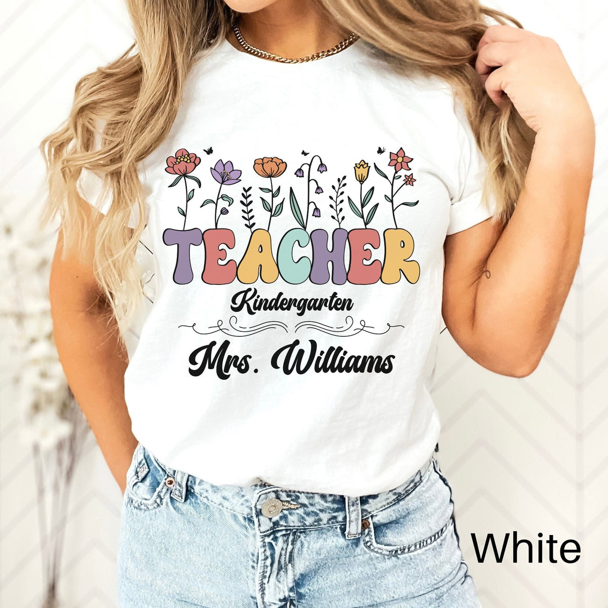Wildflowers Custom Teacher Shirt Kindergarten Teacher Team Shirt Personalized School Gift Customized Name Teacher Tee Kindergarten Team Graphic Tee – Bold Style · Trending Graphic Apparel