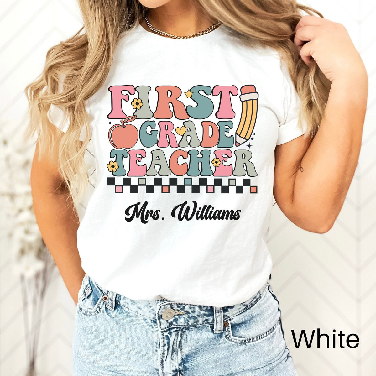 Retro Custom Teacher Shirt 1st Grade Teacher Team Shirt Personalized School Gift Customized Name Teacher Tee First Grade Graphic Tee – Bold Style · Top Pick For Any Outfit