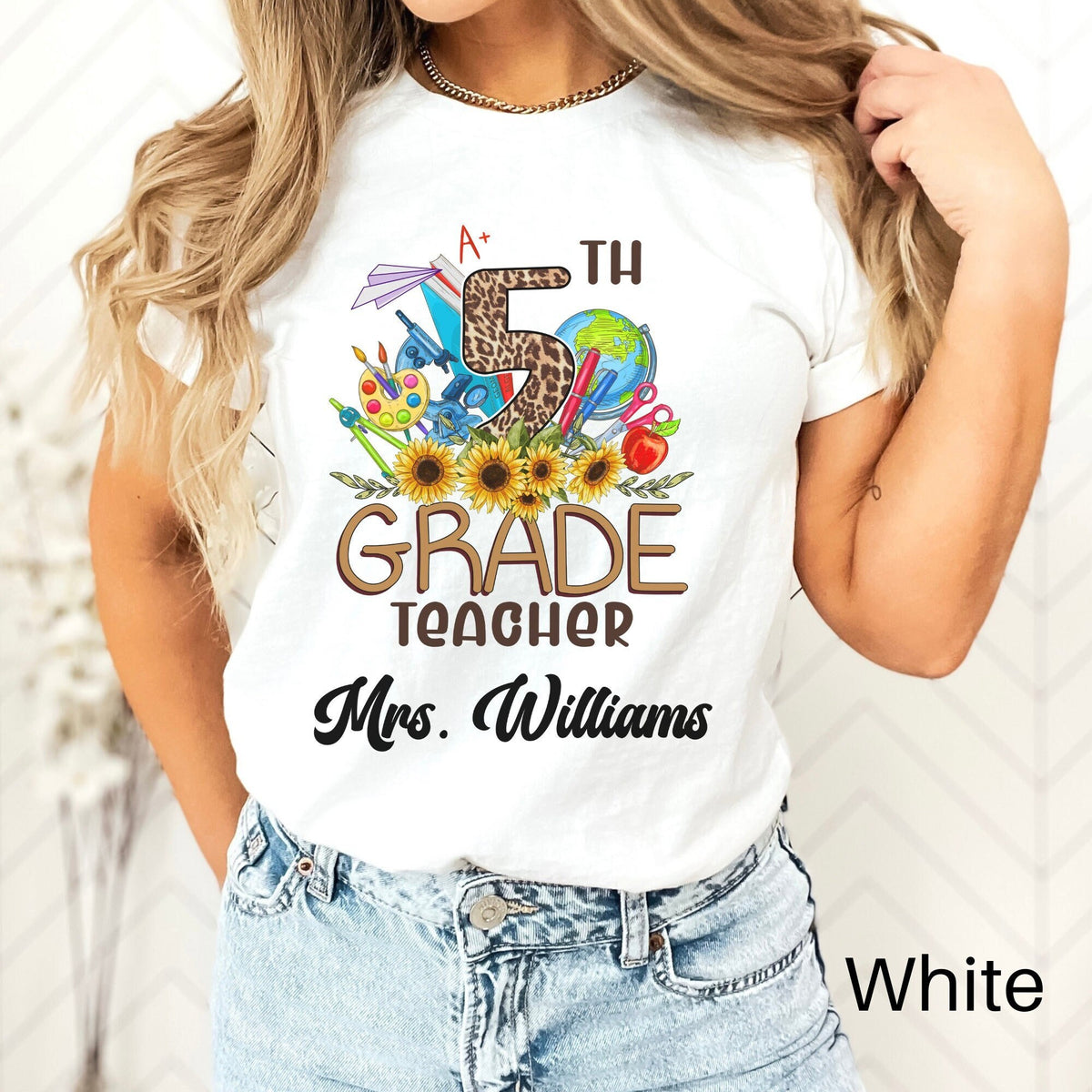 Leopard Custom Teacher Shirt 5th Grade Teacher Team Shirt Personalized School Gift Customized Name Teacher Tee Fifth Grade Graphic Tee – Bold Style · High-Quality Print