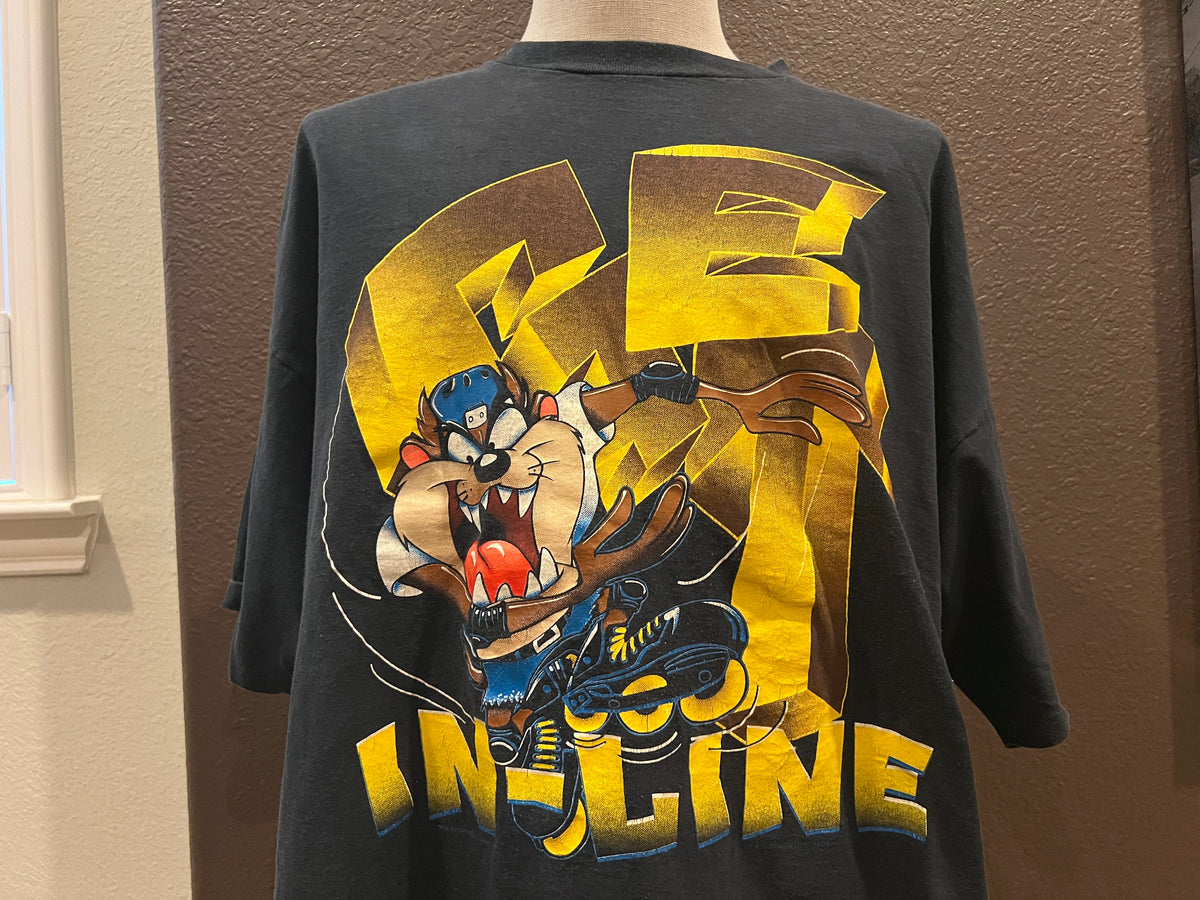 Vintage 9039s Get in Line Taz Roller Blading Looney Tunes Black T Shirt Size 3XL Graphic Tee – Bold Style · Must-Have Style