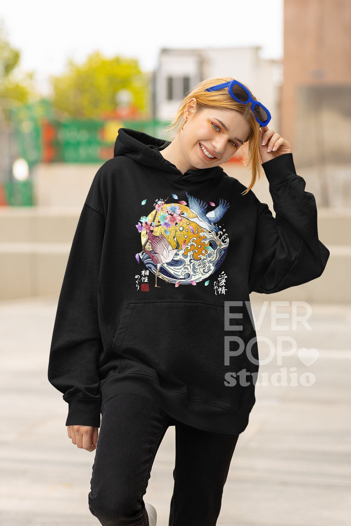 Crane Bird Hoodie Japanese Sweater Wave Sweatshirt Animal Graphic Tee Cherry Blossom Shirt Sakura Floral Print Urban Streetwear Hoodie – Everyday Comfort · Trending Graphic Apparel