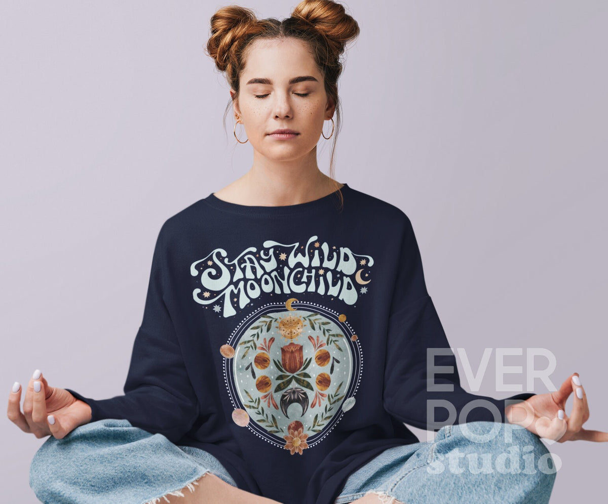 Stay Wild Moon Child Boho Sweatshirt Retro Pullover Moon Graphic Tee Oversized Jumper Moon Phases Astrology Shirt Comfy Fleece top Sweatshirt – Soft Feel · Top Pick For Any Outfit