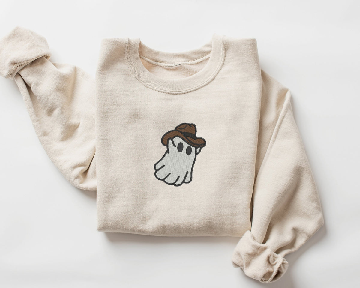 Embroidered Western Ghost Sweatshirt Western Ghost Embroidery Crewneck Funny Sweatshirts Halloween Sweatshirt Spooky Season Sweatshirt – Cozy Vibes · Trending Graphic Apparel