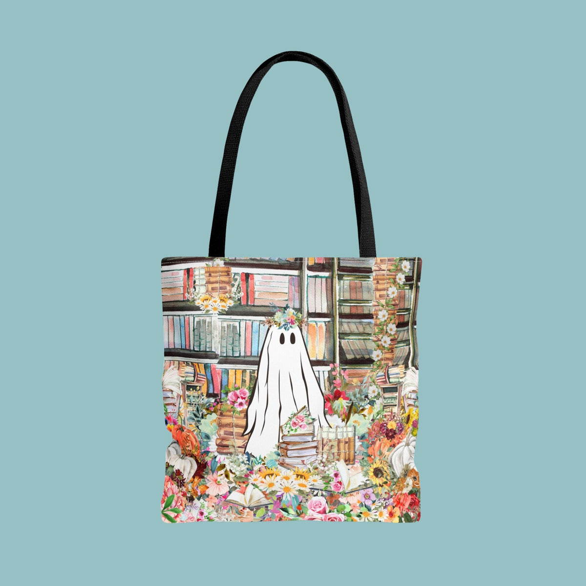 Funny Bookish Tote Bag for Halloween Floral Ghost in Library Cute Spooky Season Tote Bag for Library Whimsigoth Tote Bag for Bookworm Tote Bag – Easygoing Wear · Top Pick For Any Outfit