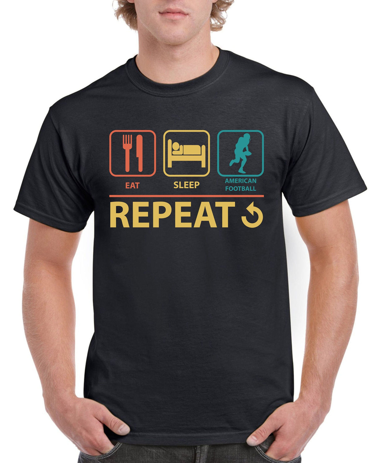 Top Gift for Dad Eat Sleep American Football Repeat Cotton T Shirts Sports Comfort Tee Graphic Tee – Premium Graphic · Great Gift For Fans