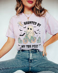 Bookish Halloween Tee Shirt for Reader Haunted By My TBR Pile Funny and Groovy Ghost Shirt with Bats Bookworm or Book Lover Spooky Tee Graphic Tee – Warm & Stylish · Trending Graphic Apparel
