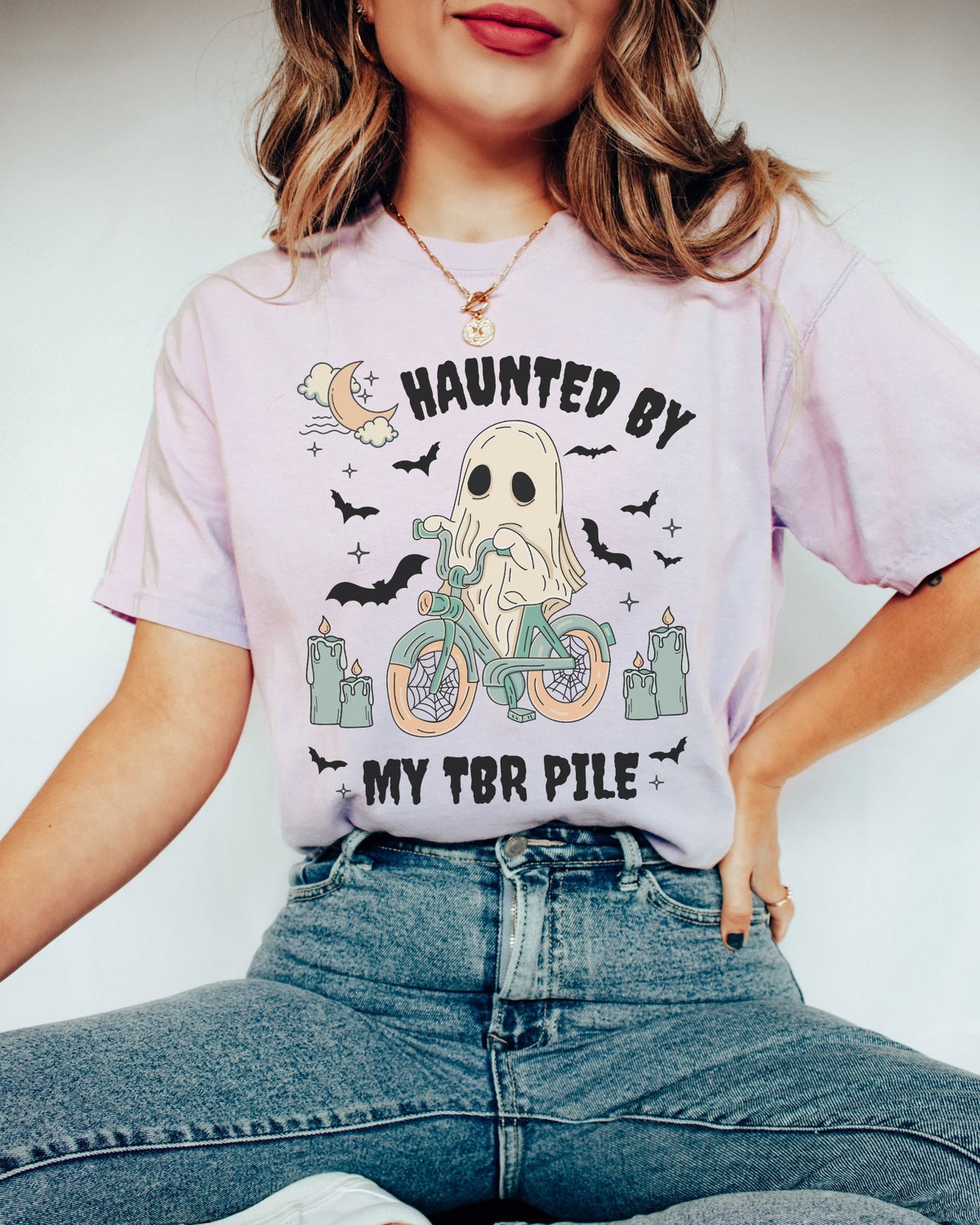 Bookish Halloween Tee Shirt for Reader Haunted By My TBR Pile Funny and Groovy Ghost Shirt with Bats Bookworm or Book Lover Spooky Tee Graphic Tee – Warm & Stylish · Trending Graphic Apparel
