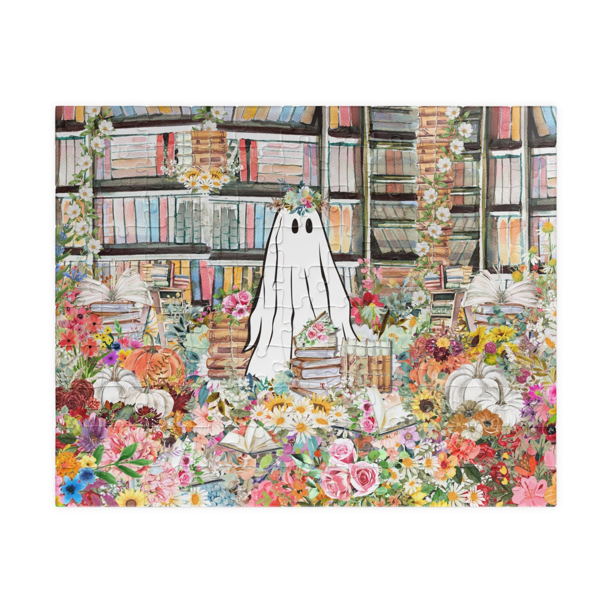 Bookish Halloween Puzzle in Library Adorable Floral Ghost Surrounded by Books and Flowers Fall Puzzle Difficult Spooky Puzzle For Adults Graphic Tee – Warm & Stylish · High-Quality Print