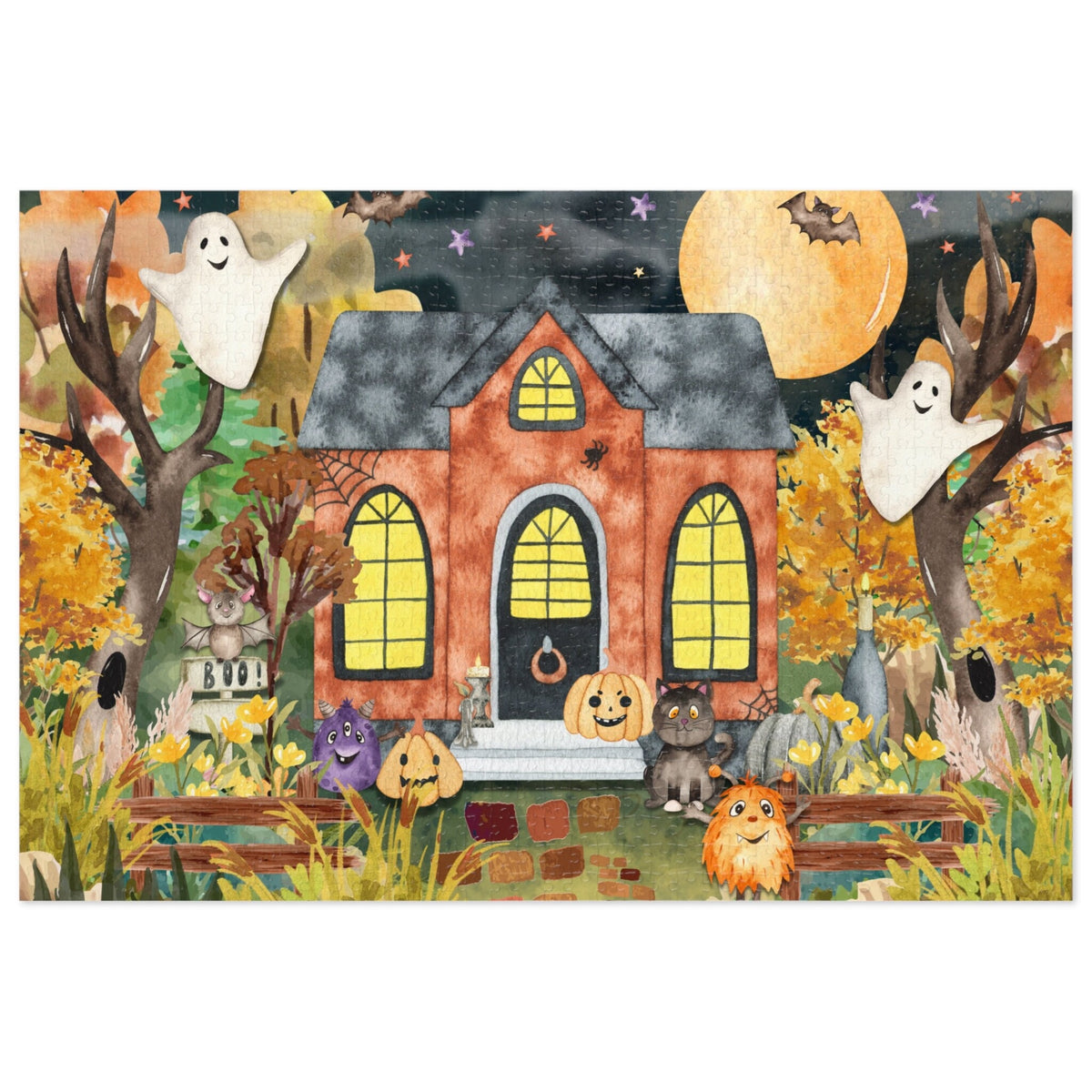 Retro Halloween Puzzle with Ghosts 500 Pieces 16x20 Inches Cute Halloween Puzzle with Monsters Puzzle of Haunted House Halloween Gift Graphic Tee – Everyday Comfort · Top Pick For Any Outfit