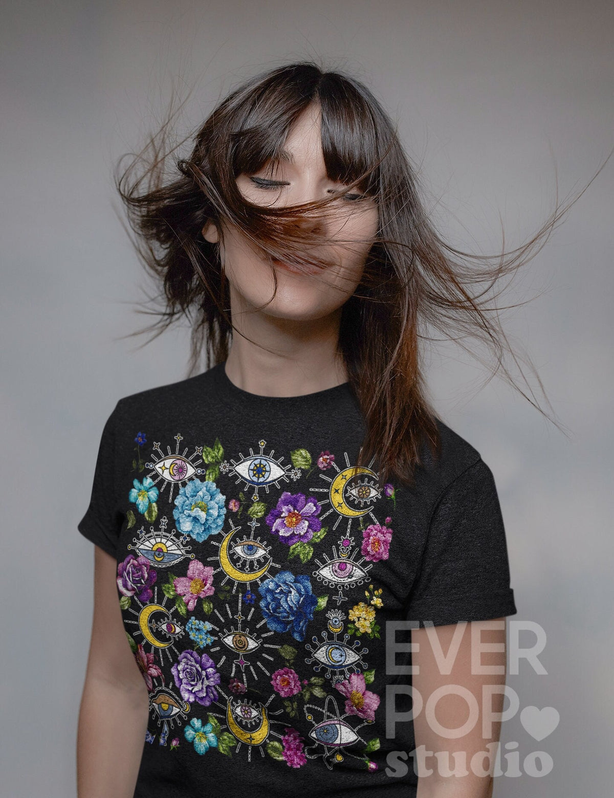 Evil Eye Moon Shirt Turkish Graphic Tee Cosmic Witch Tshirt Aesthetic Flower Boho Hippie Floral Star Celestial Print Galaxy Art Graphic Tee – Aesthetic Look · Great Gift For Fans