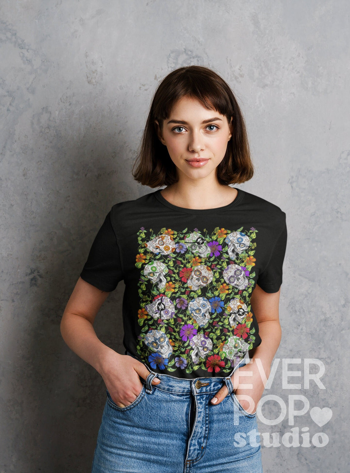 Sugar Skull Shirt Day Of Dead Print Dia De Los Muertos Mexican Graphic Tee Gothic Floral Tshirt Goth Skeleton Flower Mexico Halloween Graphic Tee – Warm & Stylish · Trending Graphic Apparel