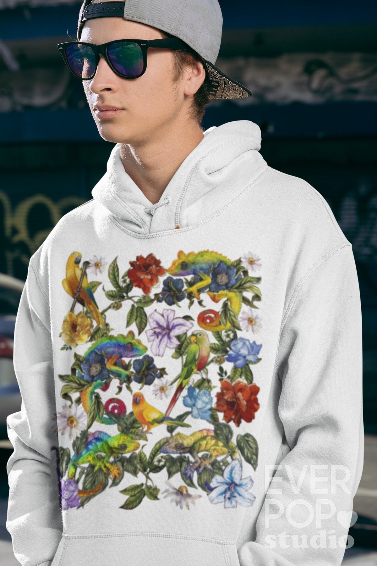 Chameleon Hoodie Parrot Sweatshirt Bird Reptile Sweater Animal Graphic Tee Colorful Boho Print Tropical Rose Shirt Rainbow Print Hoodie – Premium Graphic · Great Gift For Fans