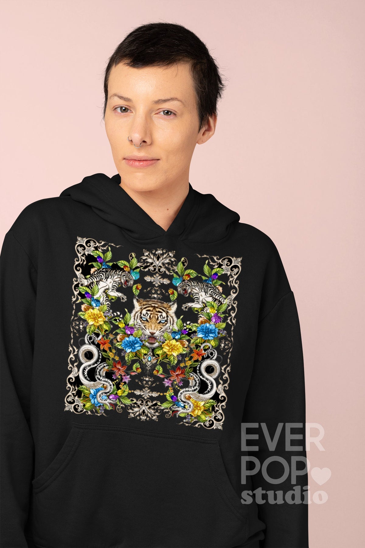 Tiger Snake Hoodie Animal Sweatshirt Africa Safari Shirt Colorful Sweater Jungle Graphic Tee Hippie Floral Print Forest Nature Hoody Hoodie – Aesthetic Look · Must-Have Style