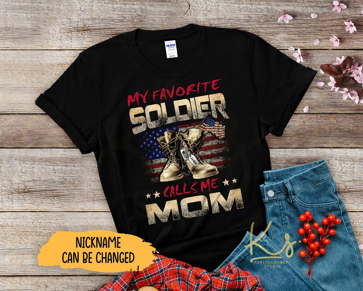 My Favorite Soldier Calls Me Mom Proud Us Army Mom Us Military Combat Boots Shirts Us Army Graduation Shirts Us Army Matching Family Graphic Tee – Everyday Comfort · Perfect For Daily Wear