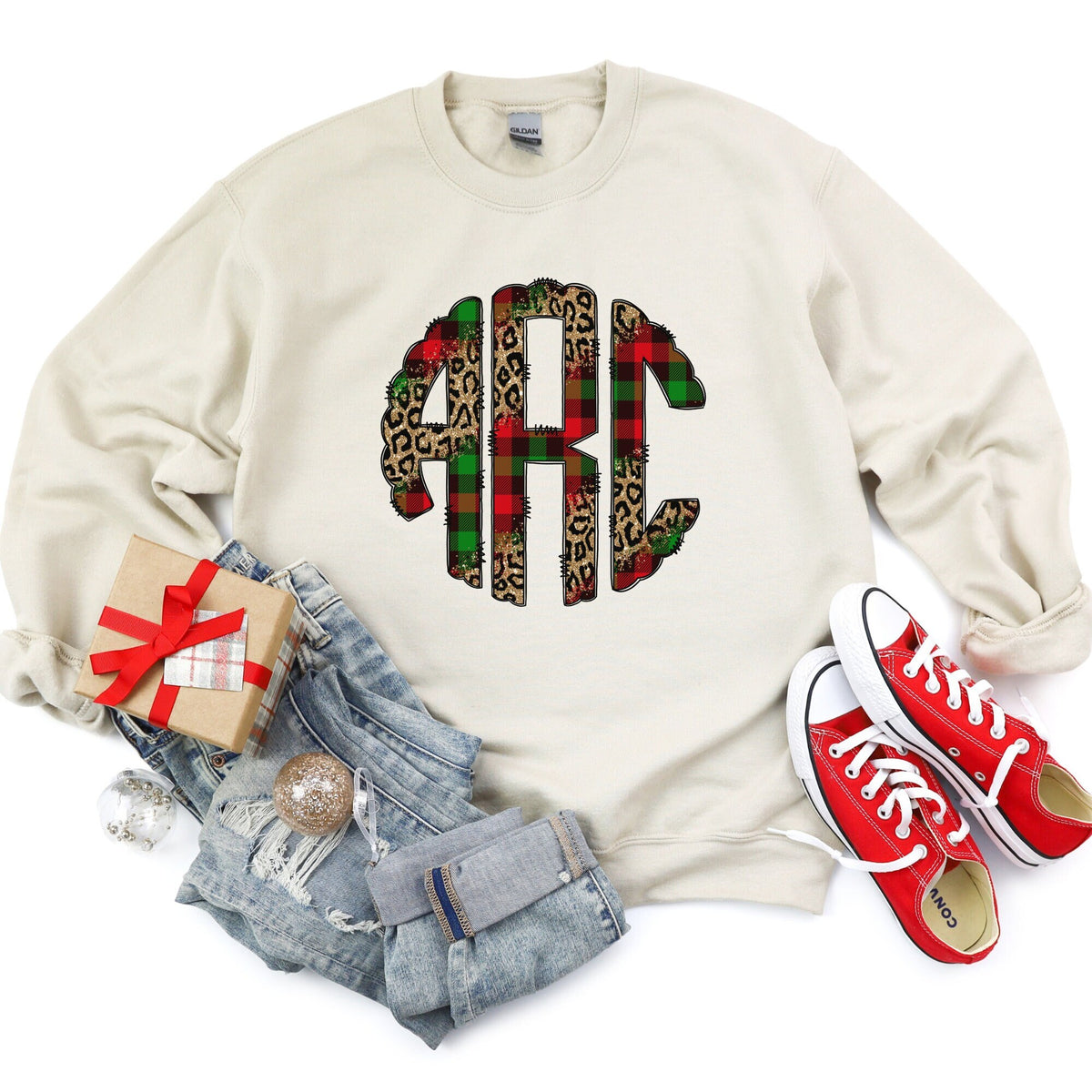 Custom Faux Embroidery Monogrammed Christmas Sweatshirt Sweatshirt – Cozy Vibes · Perfect For Daily Wear